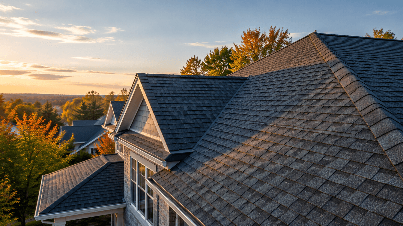 A graphite shingle roof in warm evening light